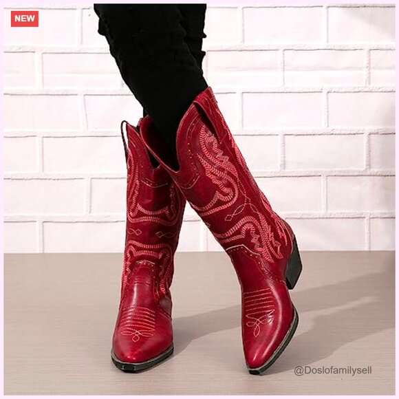 Women's Cowboy Boots Mid Calf Western Pointed Toe Chunky Heel US5-11 - Picture 6 of 7